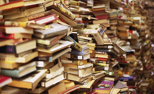 Books piled high